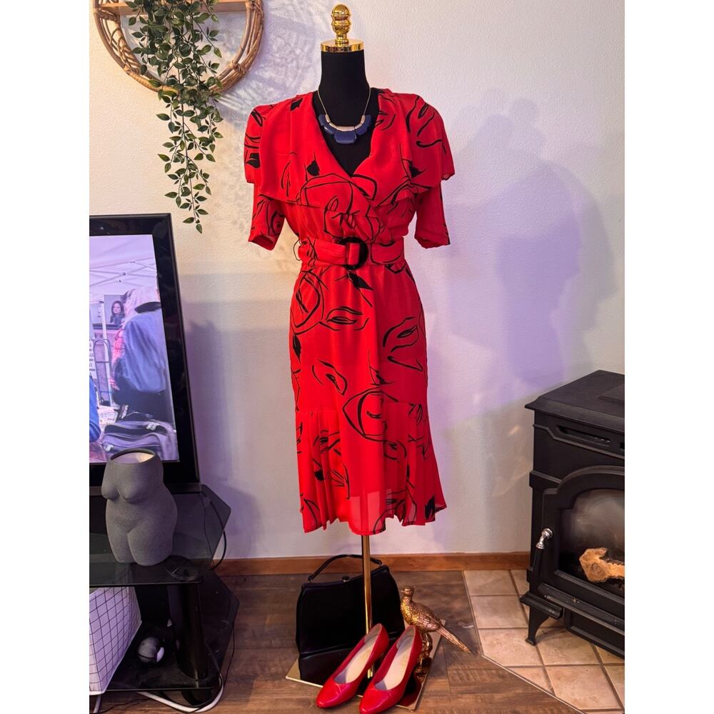 80s Vintage Secretary Boss Lady Red Dress Size S Pre-Owned - Picture 12 of 13